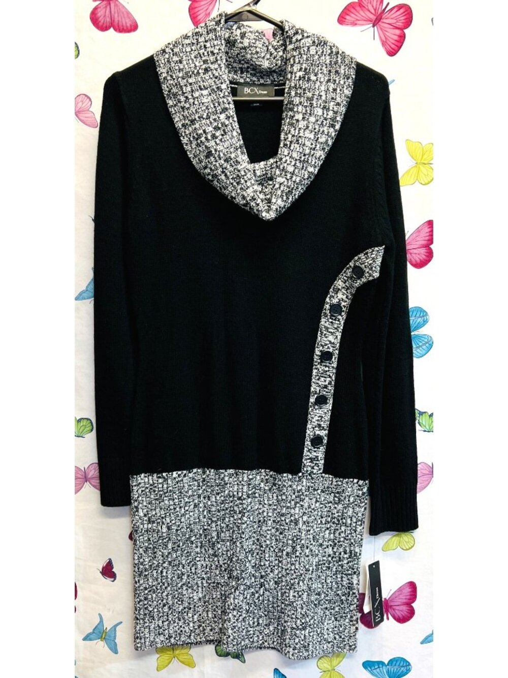 BCX Womens Large Black & White Sweater Dress Cowl Neck Long Sleeves